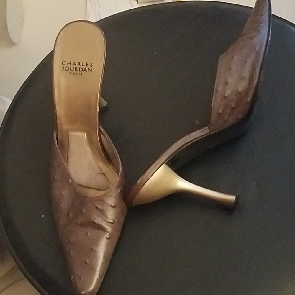 Charles Jordan brown ostrich w/gold heal..sexy,